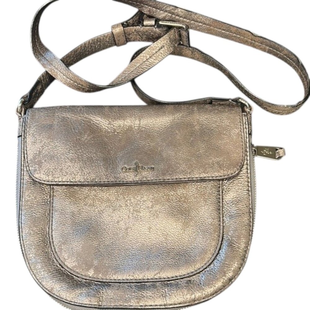 Cole Haan Metallic Grey Silver Leather Flap Zip Round Crossbody Bag